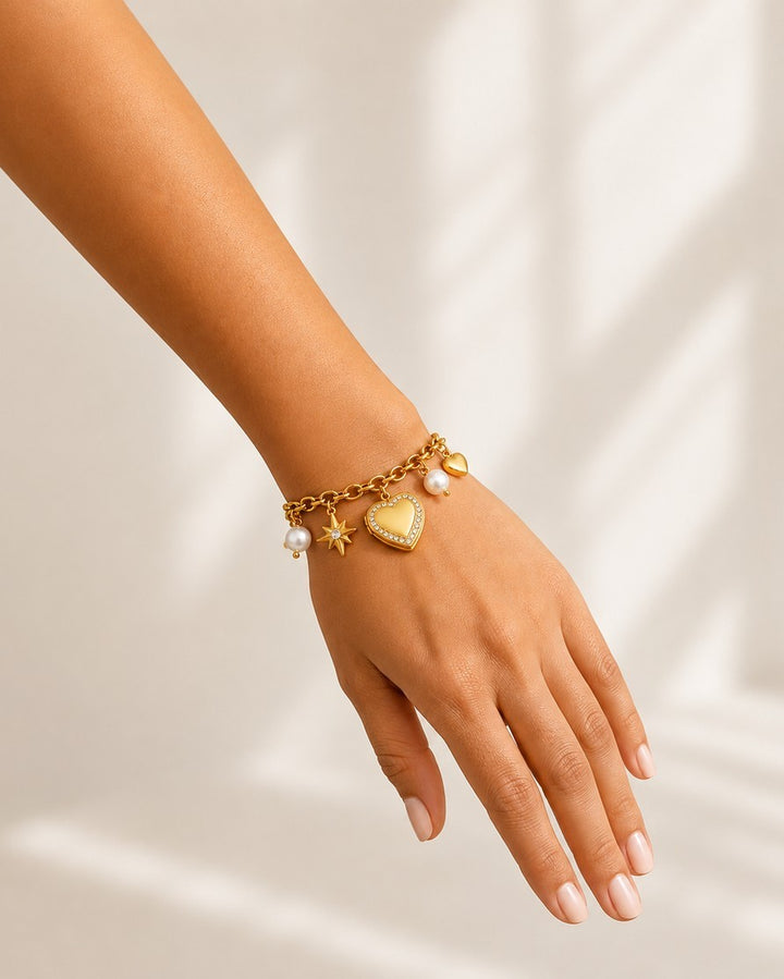 Gold Plated Waterproof Heart Locket Charm Bracelet (11452)