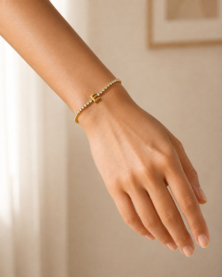 Gold Plated Waterproof Initial 'E' Letter Charm Bracelet (11478)
