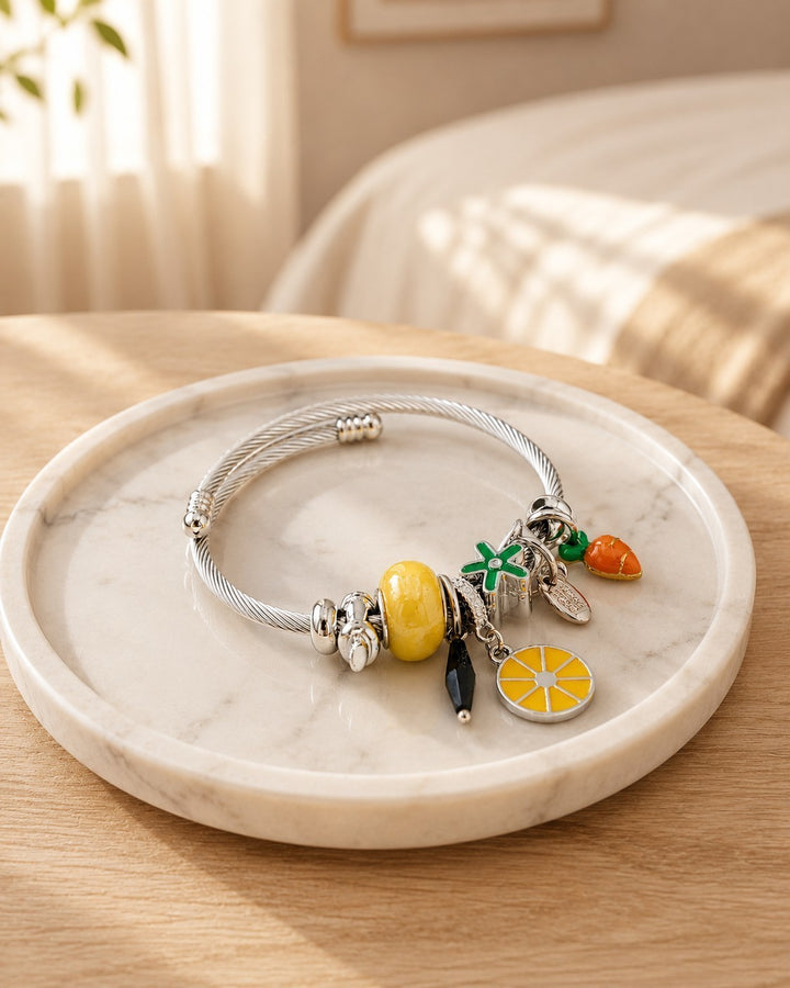 Silver Plated Heart Charm Cable Bangle Bracelet (10270)