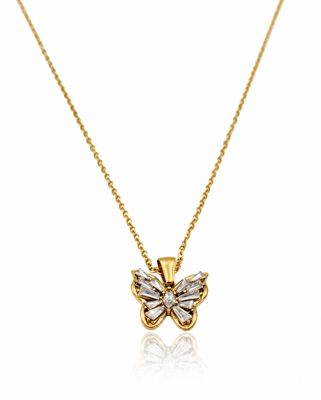 Gold Plated Waterproof Cubic Zirconia Butterfly Pendant Necklace (10634)