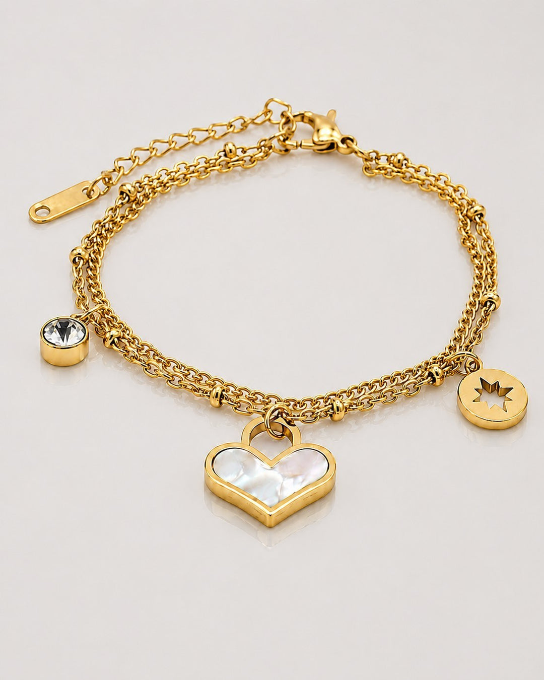 Gold Plated Waterproof Diamante Heart Layered Bracelet (10997)