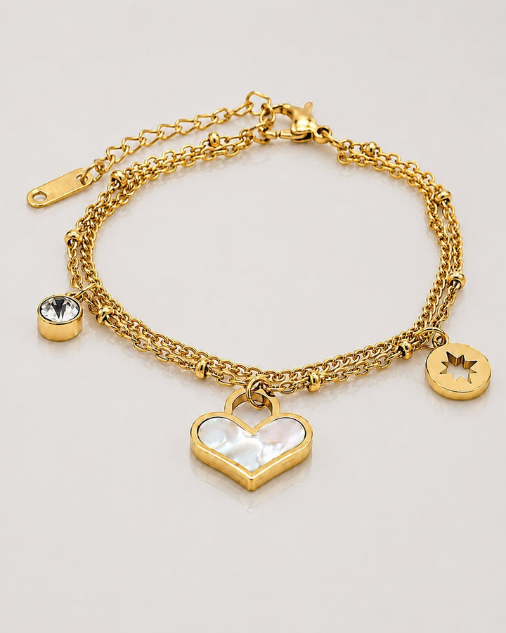 Gold Plated Waterproof Diamante Heart Layered Bracelet (10997)
