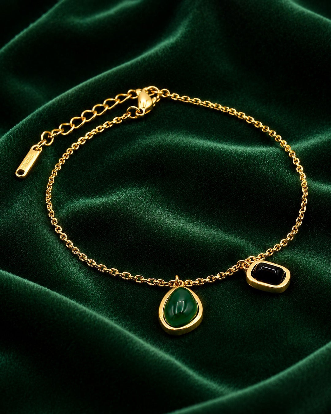 Gold Plated Waterproof Dainty Green and Black Stone Chain Bracelet (10827)