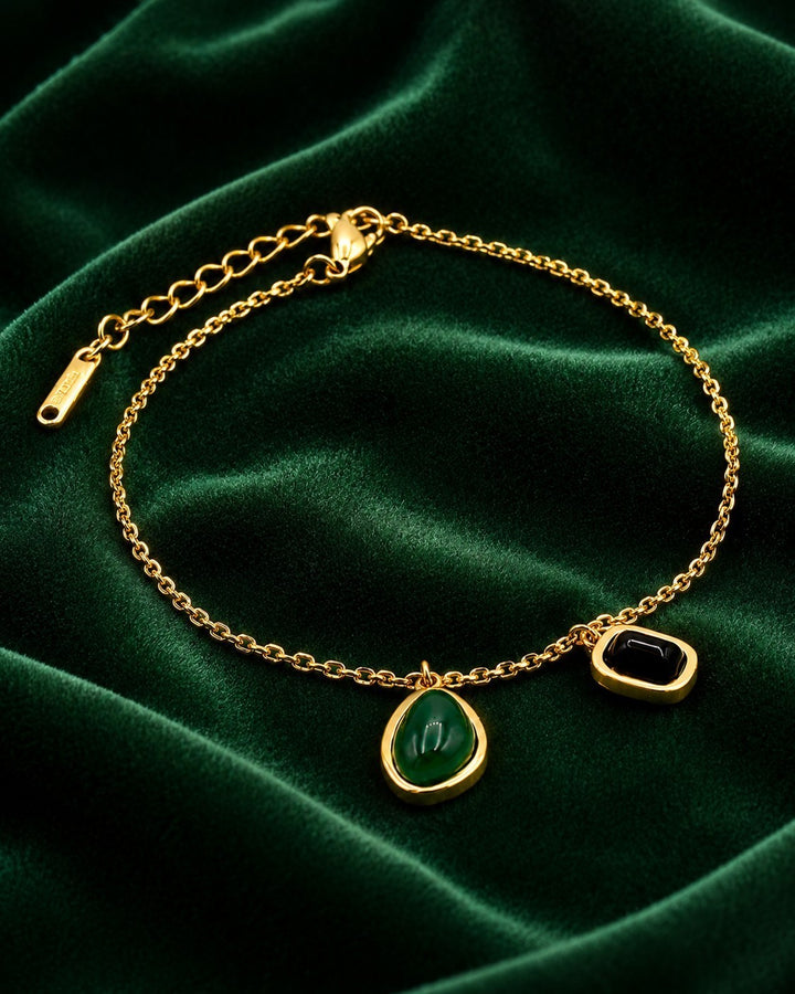 Gold Plated Waterproof Dainty Green and Black Stone Chain Bracelet (10827)