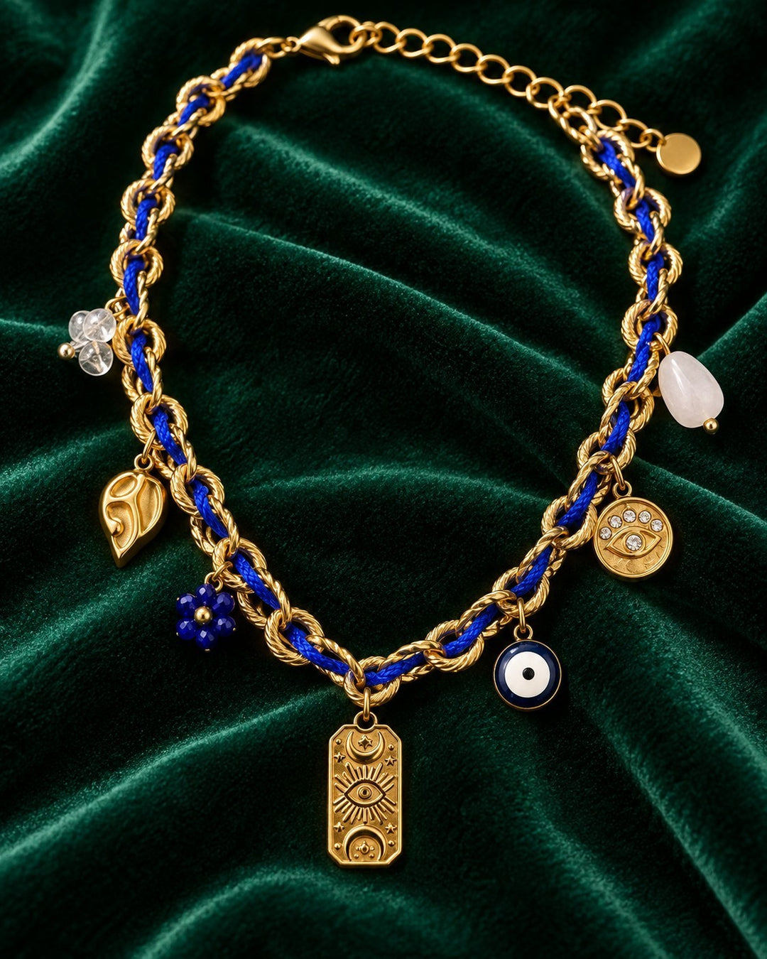 Blue Crystal Evil Eye Charm Gold Plated Necklace - 40.5 cm (11418)