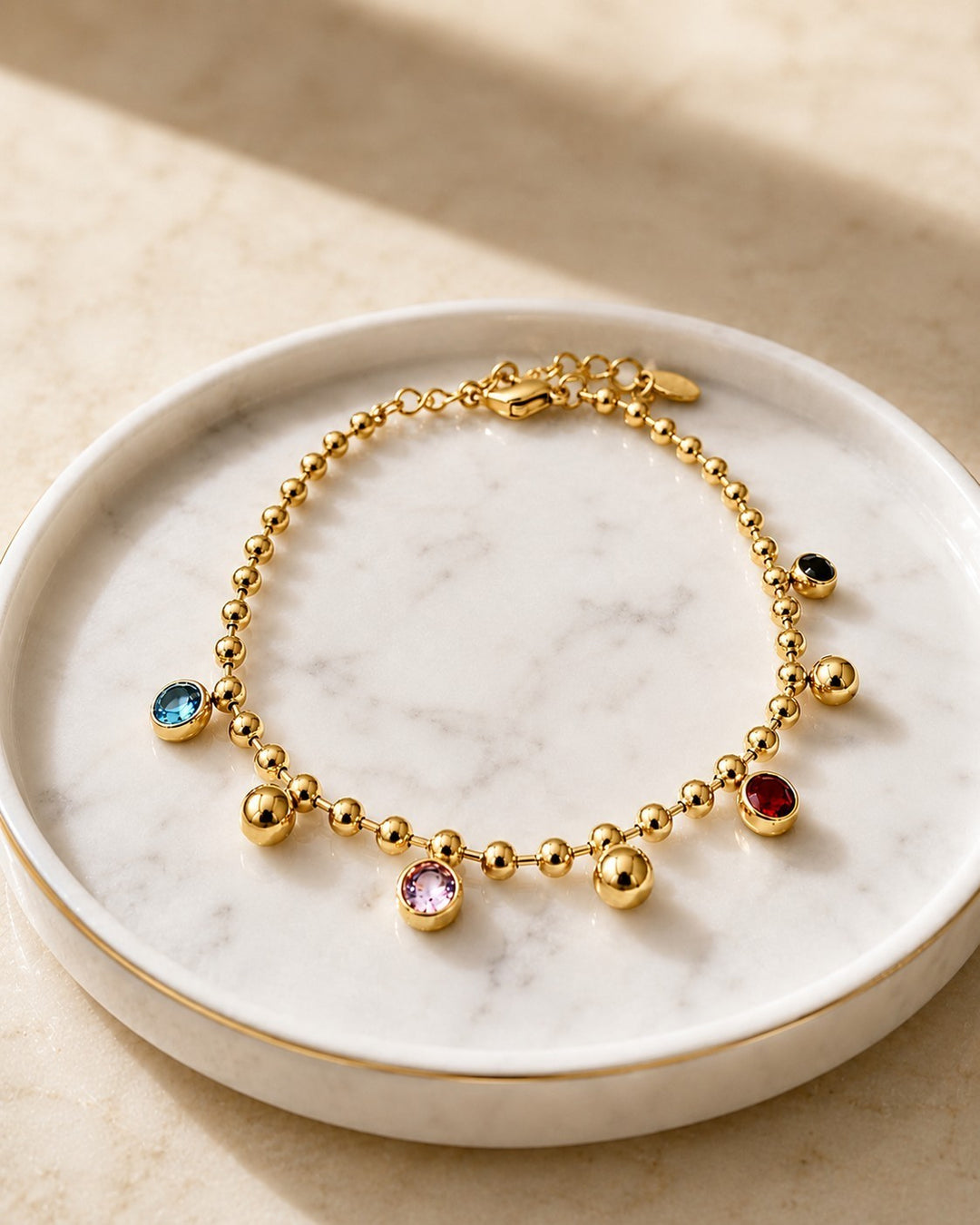Gold Toned Multicolour Glass Stone Beaded Stretch Bracelet (11231)
