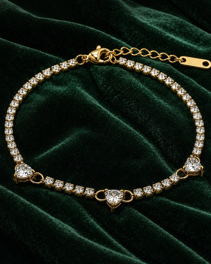 Gold Plated Waterproof Crystal Heart Tennis Bracelet (11456)
