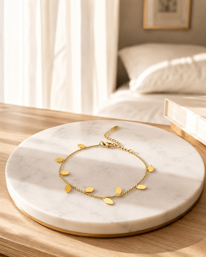Gold Plated Waterproof Botanical Leaf Charm Bracelet (10779)