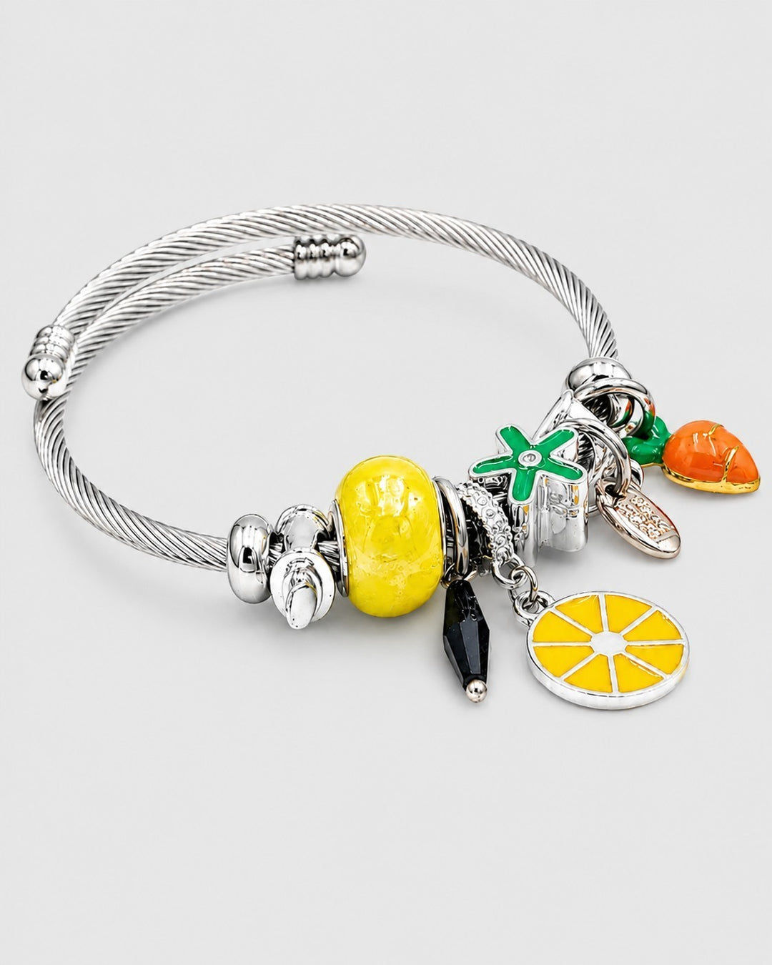 Silver Plated Heart Charm Cable Bangle Bracelet (10270)