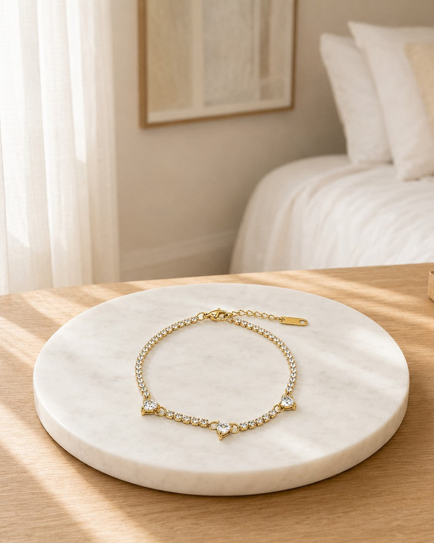 Gold Plated Waterproof Crystal Heart Tennis Bracelet (11456)