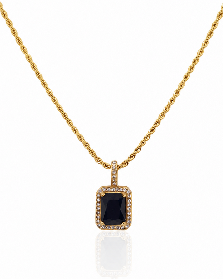 Gold Plated Rope Chain Necklace with Black Crystal Pendant (100089)