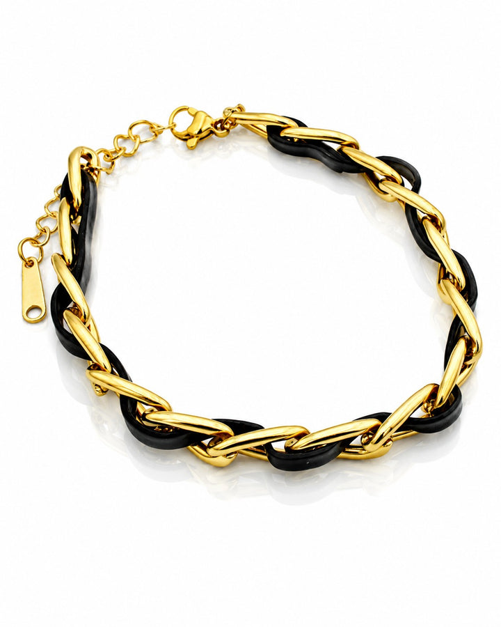Gold Plated Black Braided Leather Link Bracelet (10688)