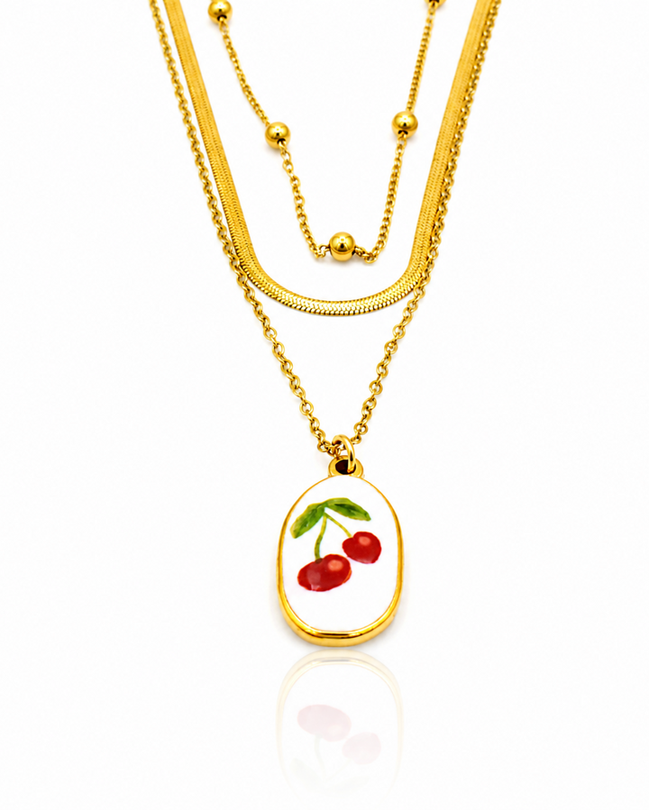 Gold Plated Snake Chain Layered Cherry Charm Necklace - 44.2 cm (11408)