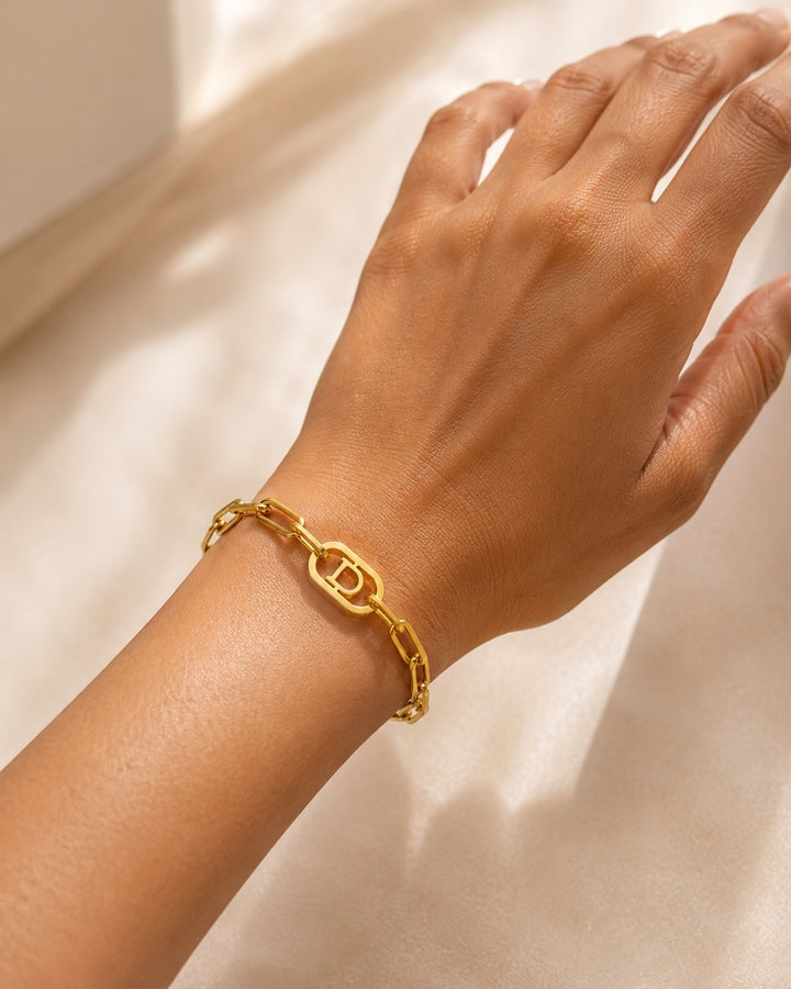Gold Plated Waterproof Paperclip Chain Initial 'D' Letter Bracelet (11063)