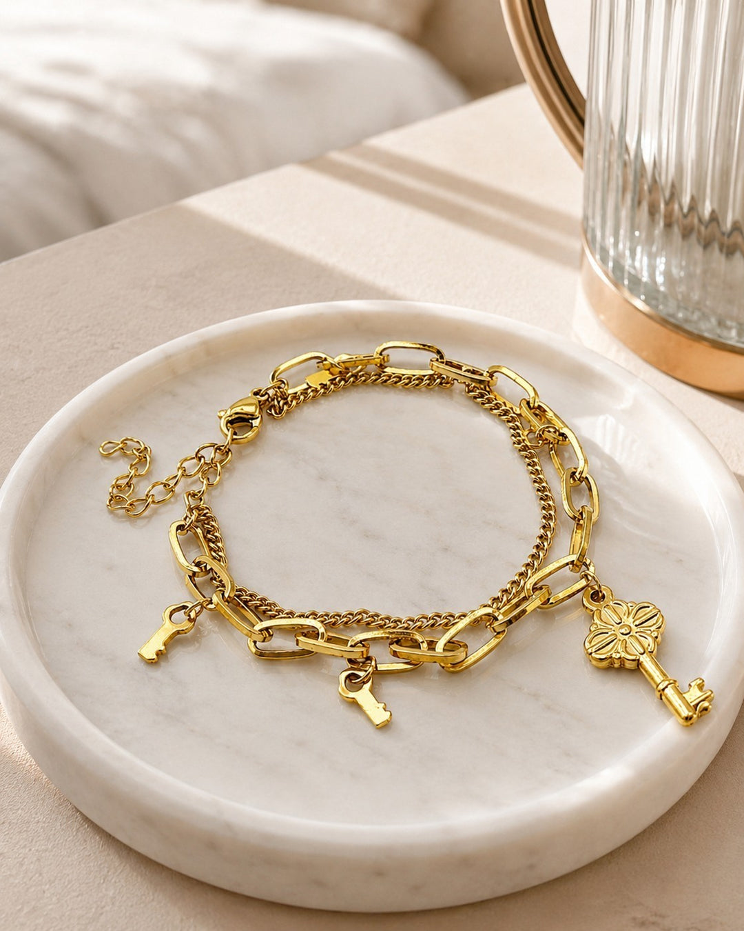 Gold Plated Waterproof Vintage Key Layered Chain Bracelet (10287)