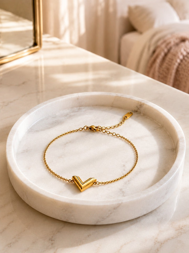 Gold Plated Waterproof Minimalist 'V' Charm Dainty Bracelet (10822)