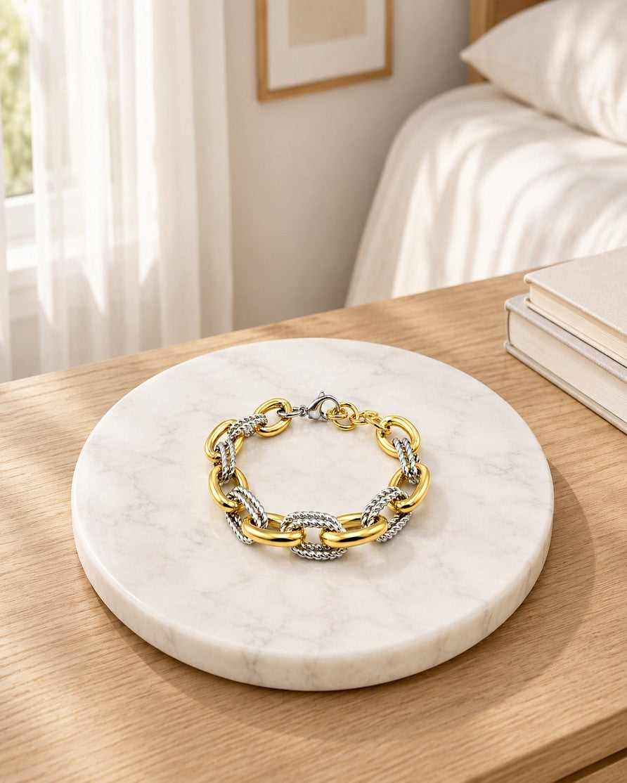 Gold Plated Waterproof Chunky Two-Tone Link Bracelet (11470)