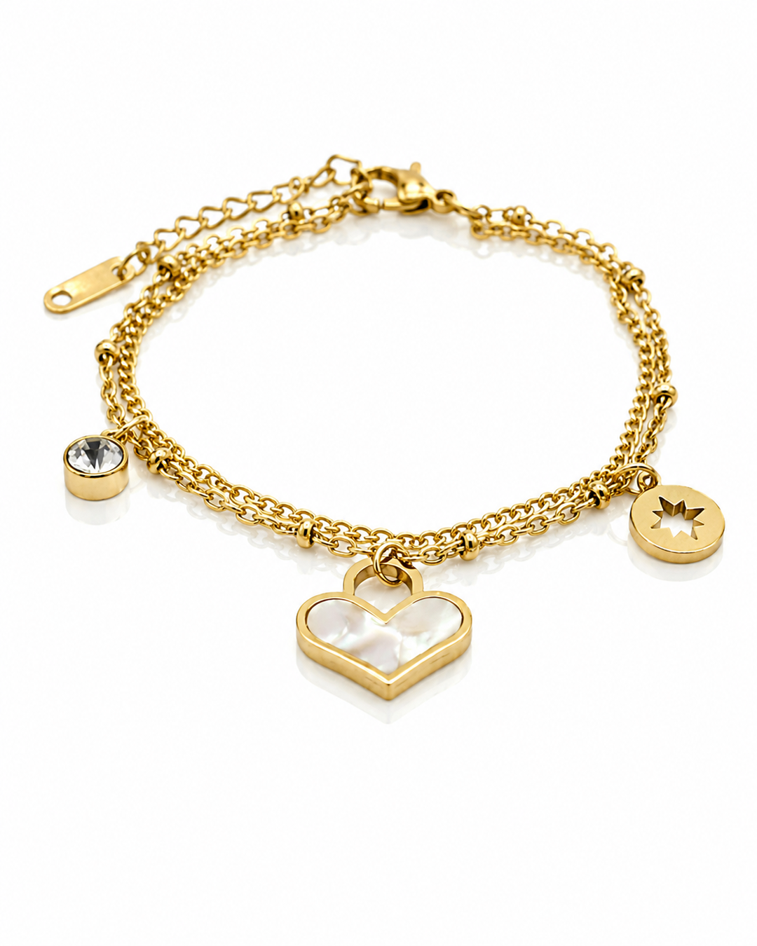 Gold Plated Waterproof Diamante Heart Layered Bracelet (10997)