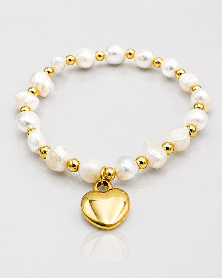 Gold Plated Pearl & Heart Charm Bracelet (10978)