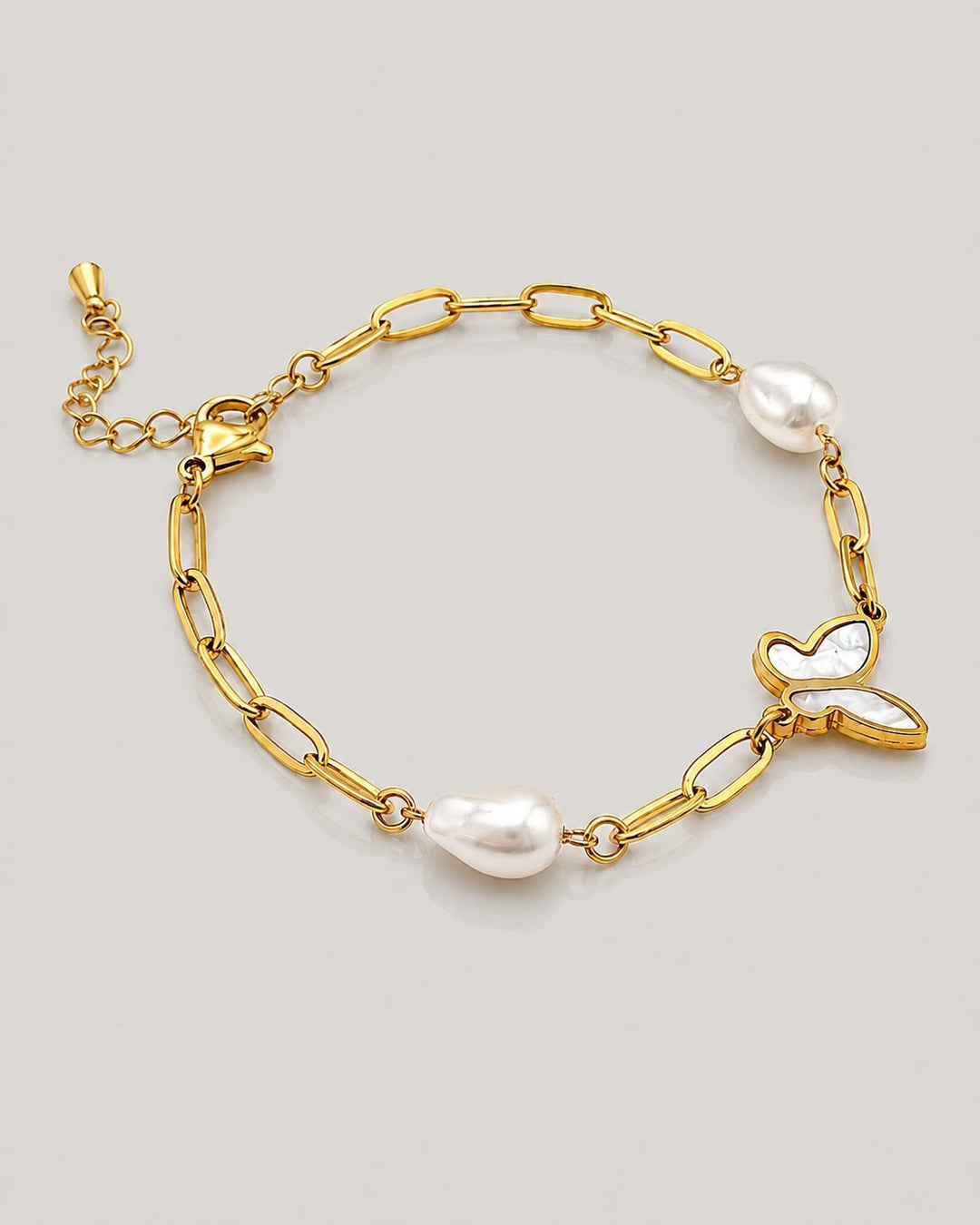 Gold Plated Pearl Butterfly Charm Bracelet (10258)