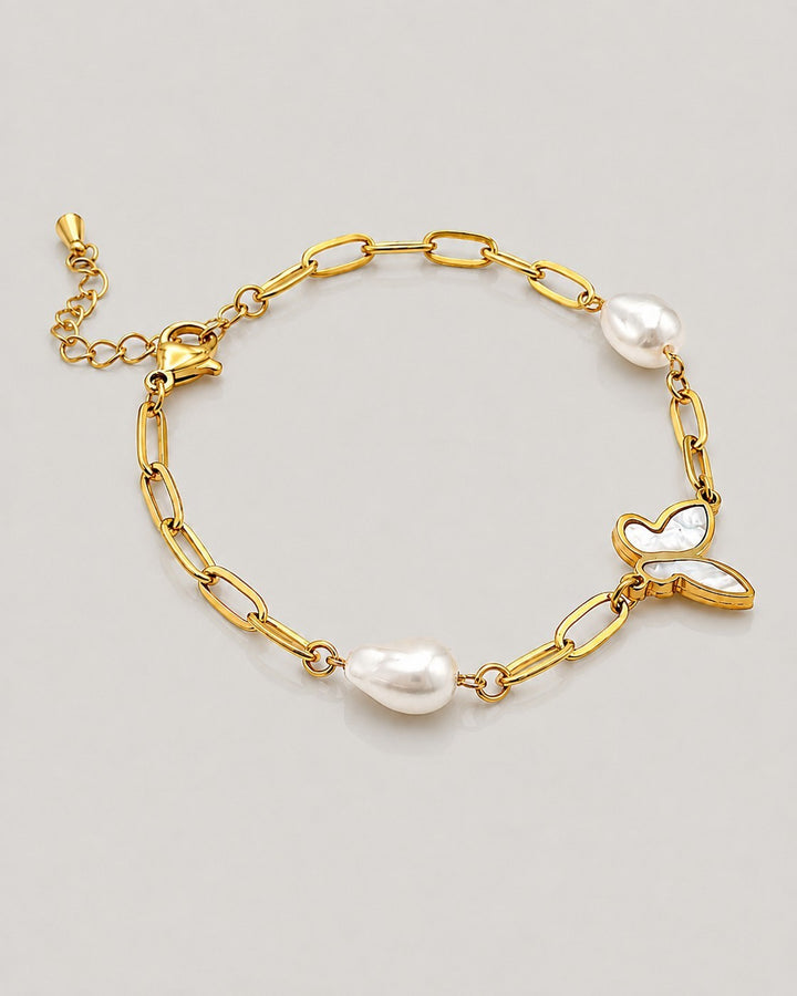 Gold Plated Pearl Butterfly Charm Bracelet (10258)