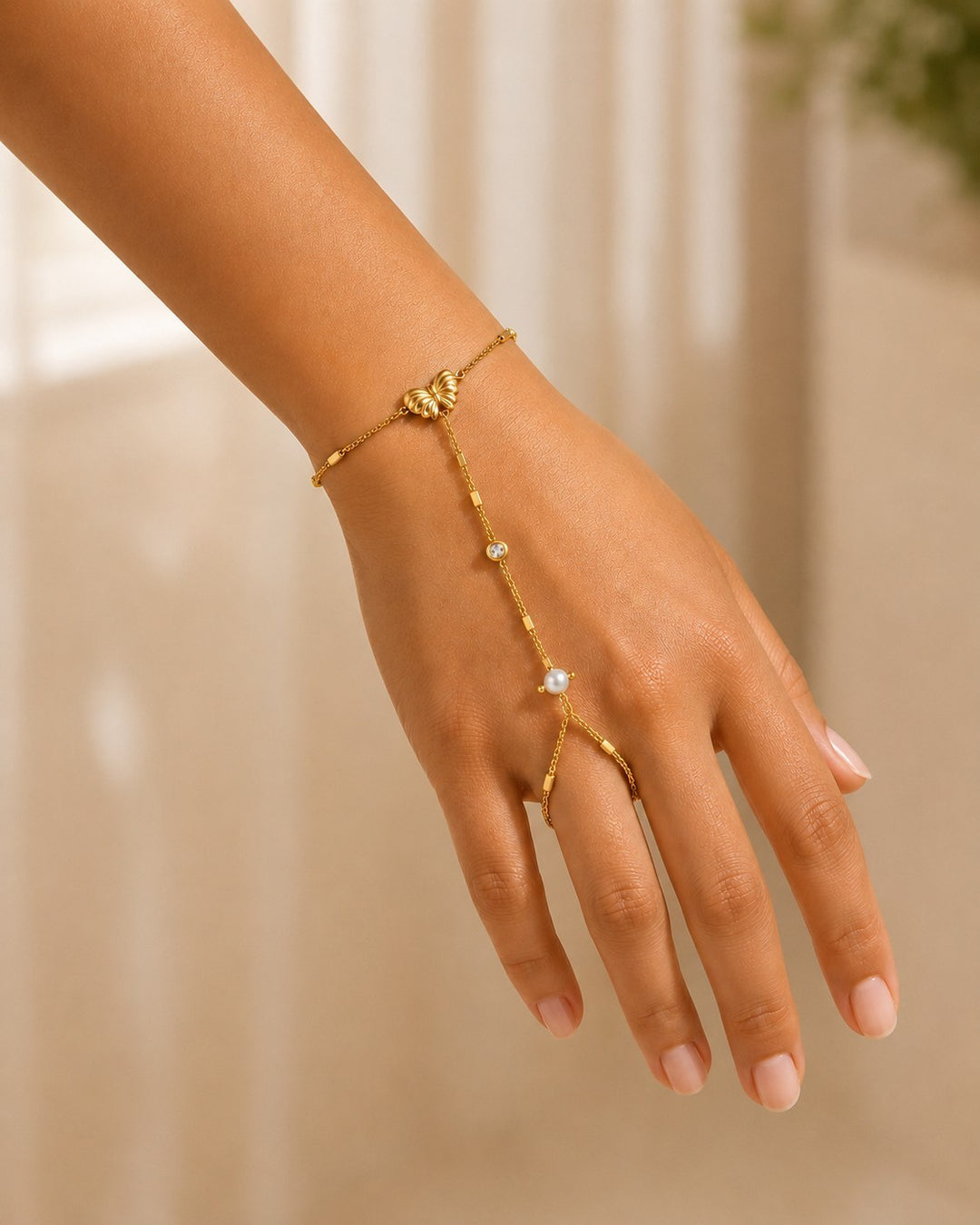 Gold Plated Hand Chain Bracelet with Attached Ring (11837)