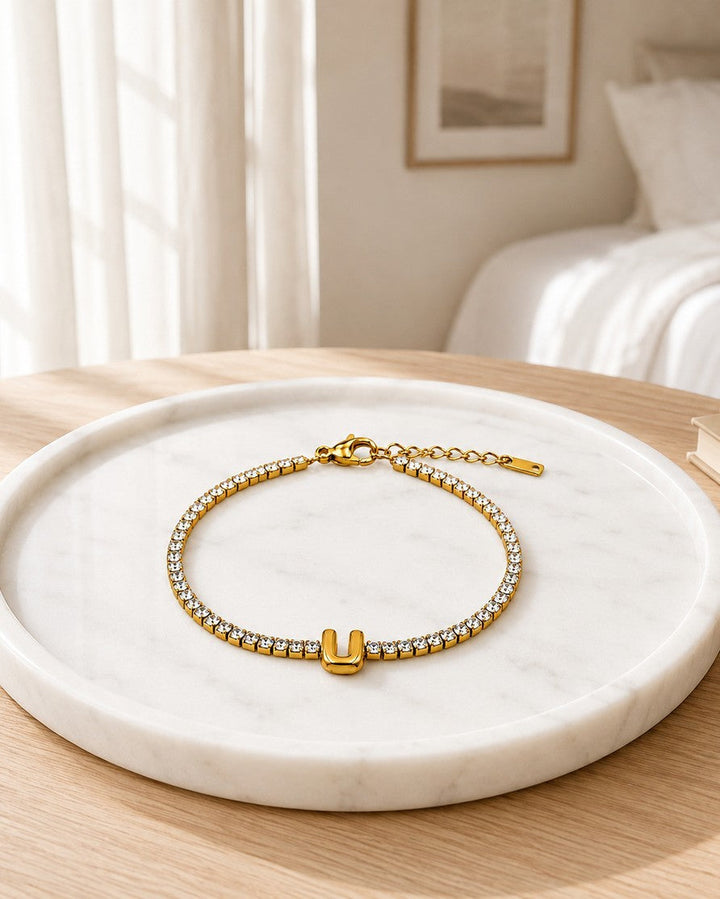Gold Plated Waterproof Initial Letter U Charm Bracelet (11494)