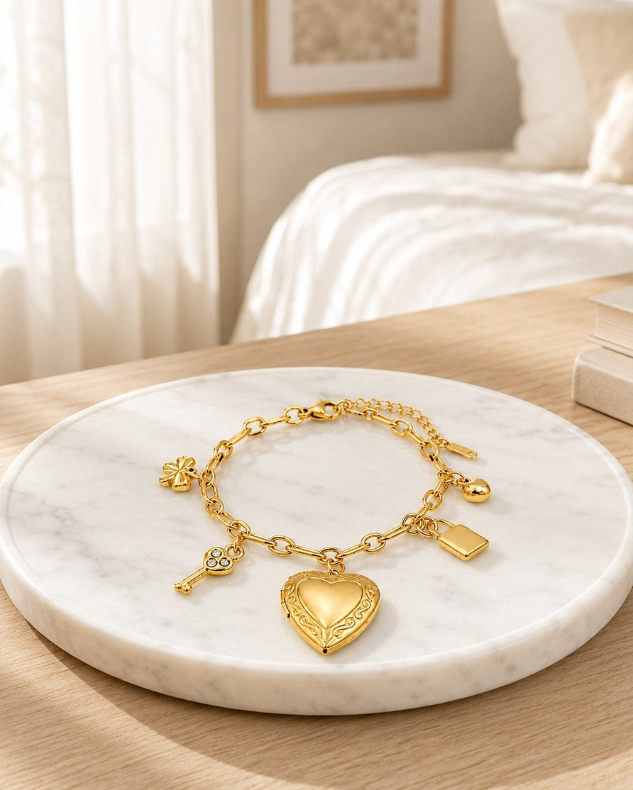 Gold Plated Waterproof Interlinked Heart Chain Charm Bracelet (11455)