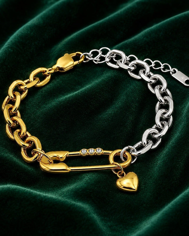 Gold Plated Two-Tone Safety Pin Chain Bracelet (11466)