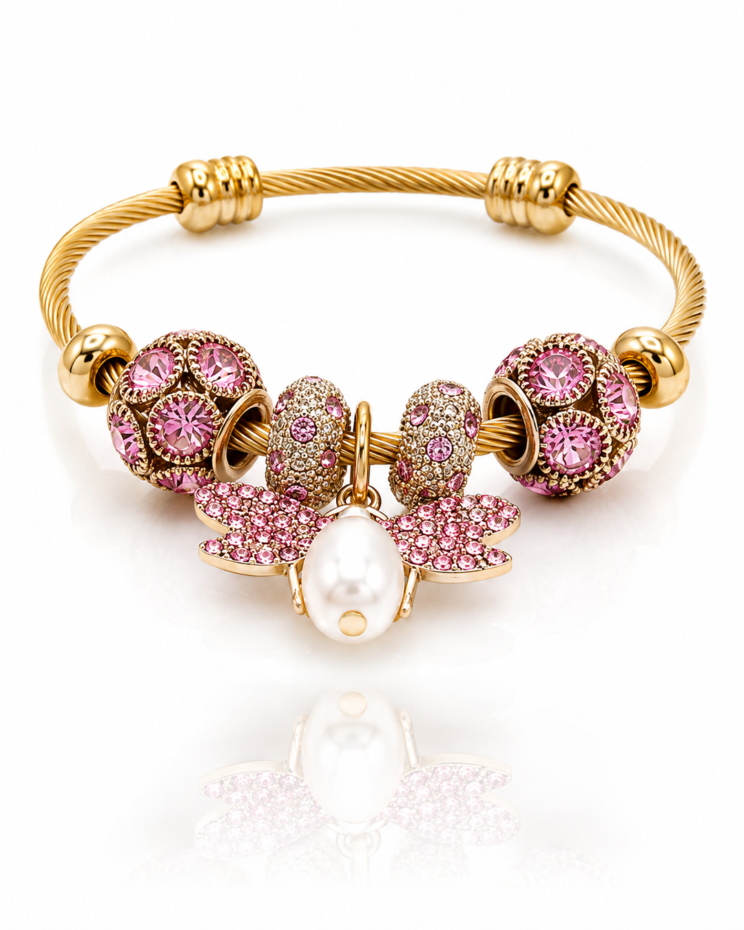 Pink Enamel Butterfly Charm Gold Plated Waterproof Bangle (11846)