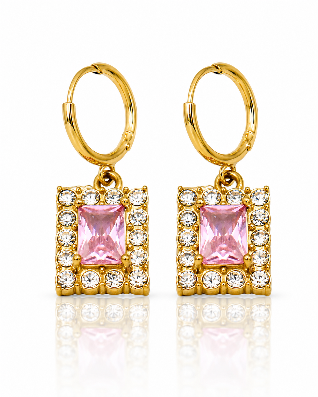 Pink Cubic Zirconia Gold Plated Waterproof Huggie Hoop Earrings (10912)