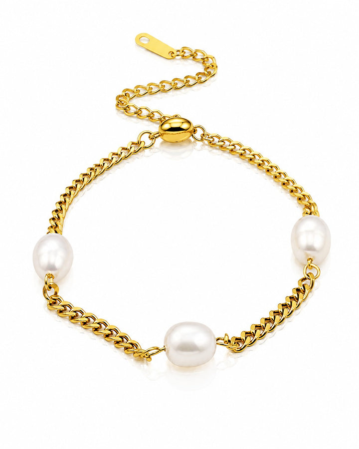 Gold Plated Waterproof Pearl Link Chain Bracelet (10526)