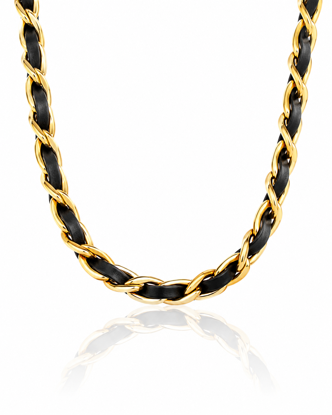 Gold Plated Waterproof Black Leather Curb Chain Necklace (10810)