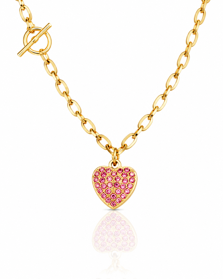 Gold Plated Waterproof Pink Heart Diamante T-Bar Cross Necklace - 44 cm  (11010)