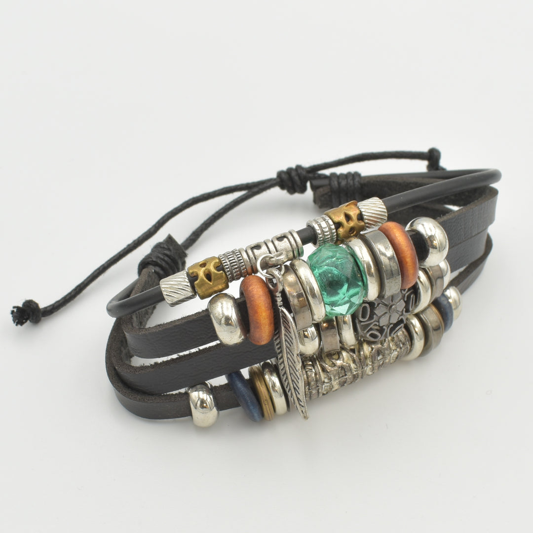 Black Leather Charm Layered Bracelet