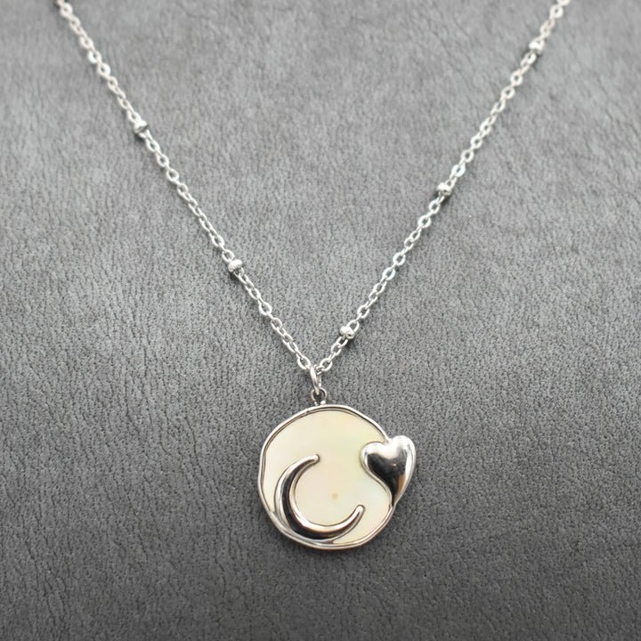 Rhodium Plated Moon and Heart Necklace