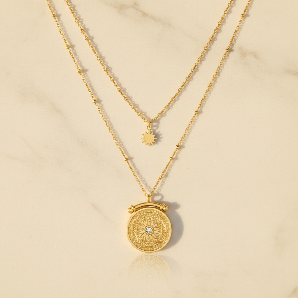 Gold Plated Celestial Sun and Sundial Double Layered Necklace (100061)