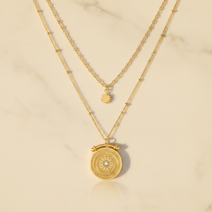 Gold Plated Celestial Sun and Sundial Double Layered Necklace (100061)