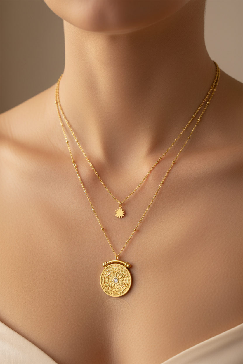 Gold Plated Celestial Sun and Sundial Double Layered Necklace (100061)