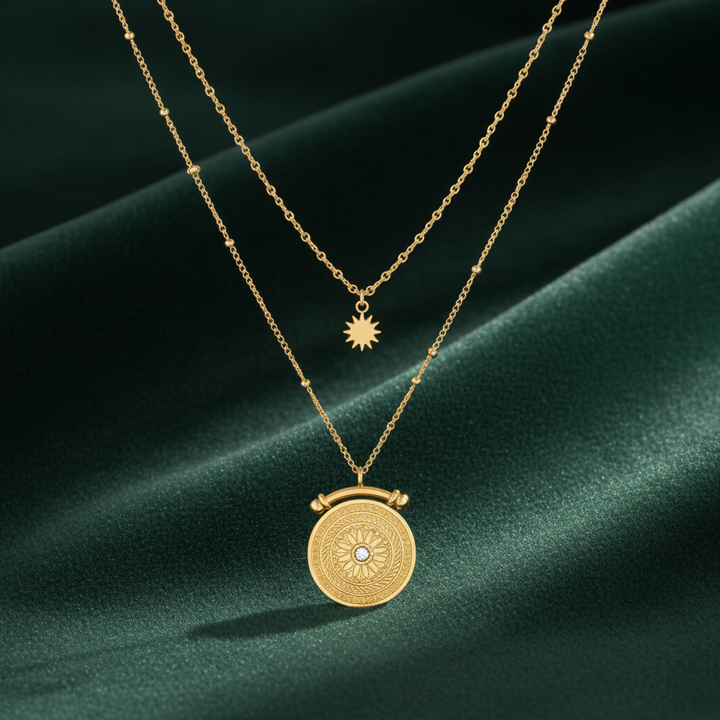 Gold Plated Celestial Sun and Sundial Double Layered Necklace (100061)
