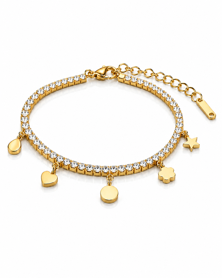 Gold Plated Waterproof Multi-Charm Bracelet with Crystal Accents (11835)