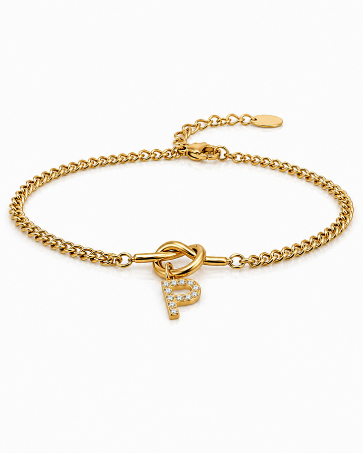 Gold Plated Waterproof Diamante Initial 'P' Tennis Bracelet (11791)