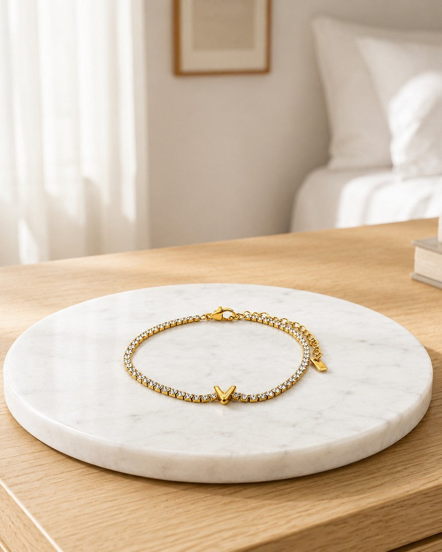 Gold Plated Letter V Initial Charm Bracelet (11495)