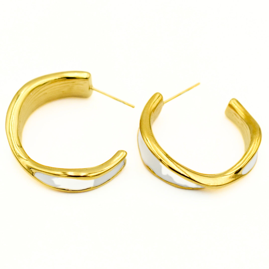 Gold Plated White Enamel Hoop Earrings