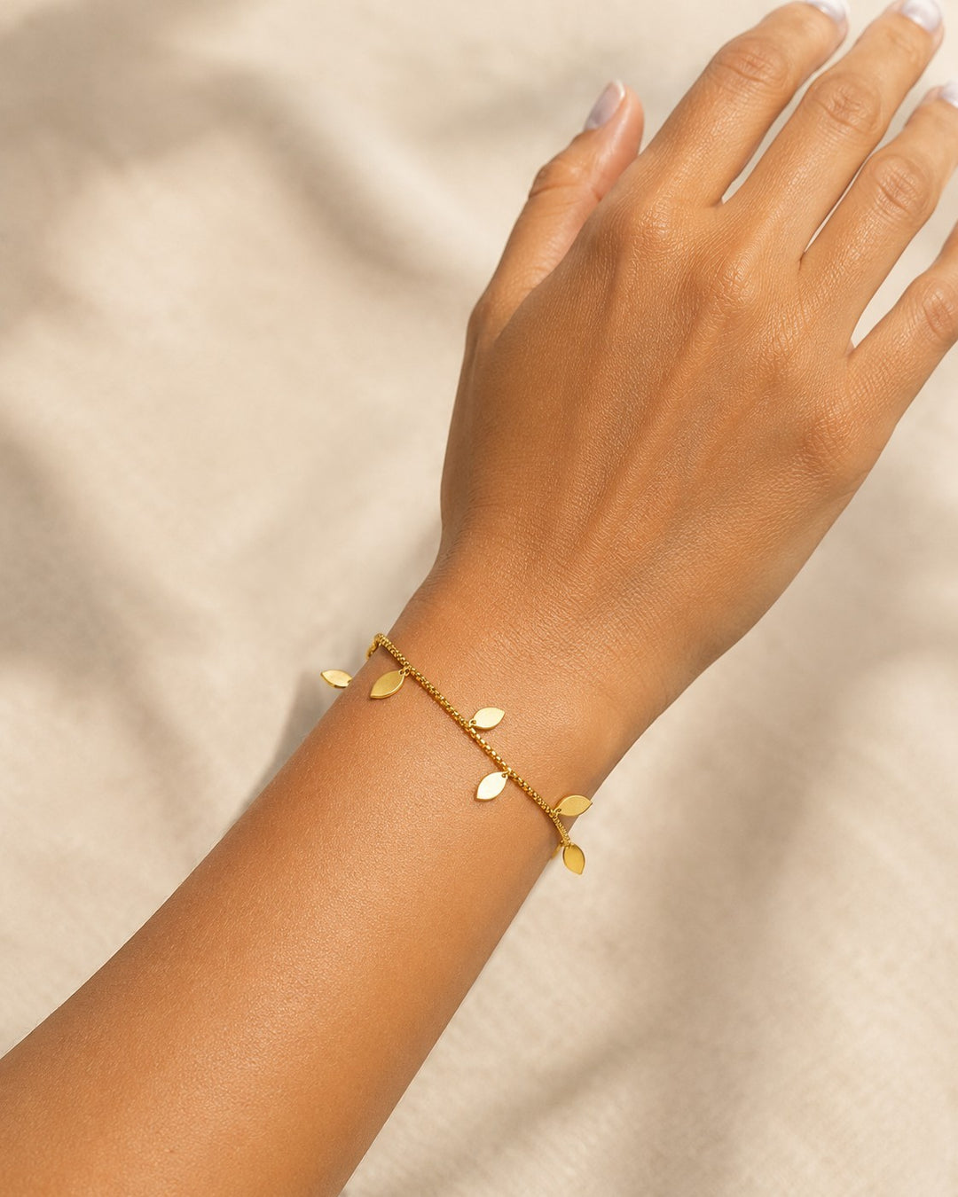 Gold Plated Waterproof Botanical Leaf Charm Bracelet (10779)