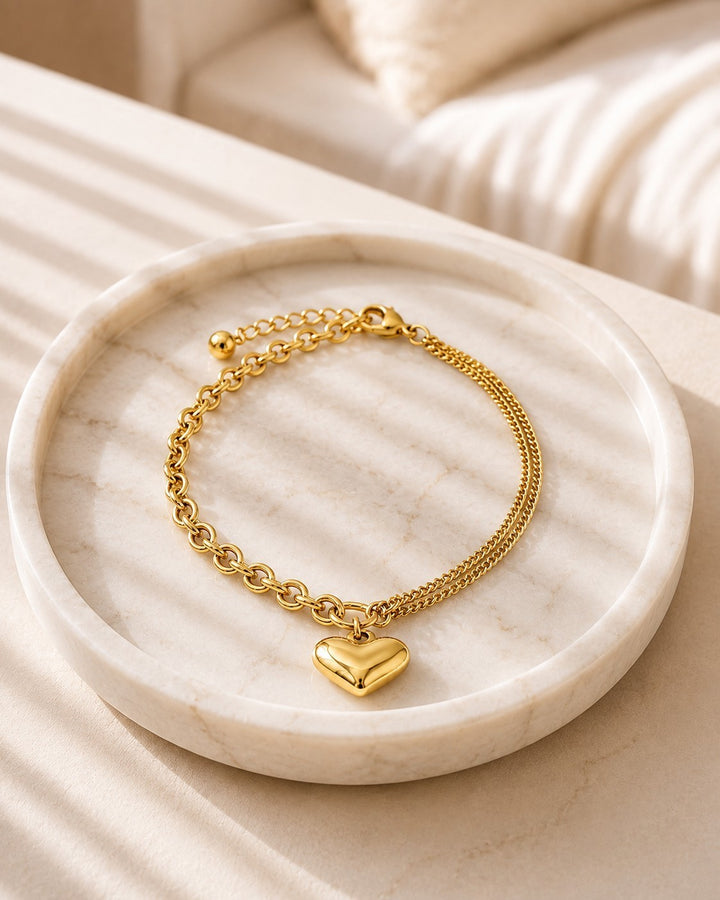 Gold Plated Waterproof Heart Charm Cable Chain Bracelet (10995)