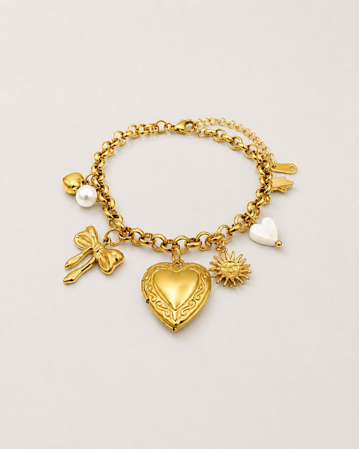 Gold Plated Waterproof Heart and Bow Charm Chain Bracelet (11453)