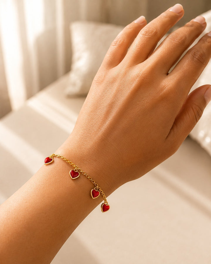Gold Plated Burgundy Enamel Heart Charm Bracelet (11001)