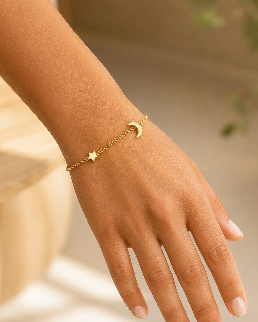 Gold Plated Waterproof Celestial Moon & Star Charm Bracelet (200013)