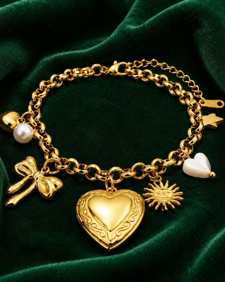 Gold Plated Waterproof Heart and Bow Charm Chain Bracelet (11453)